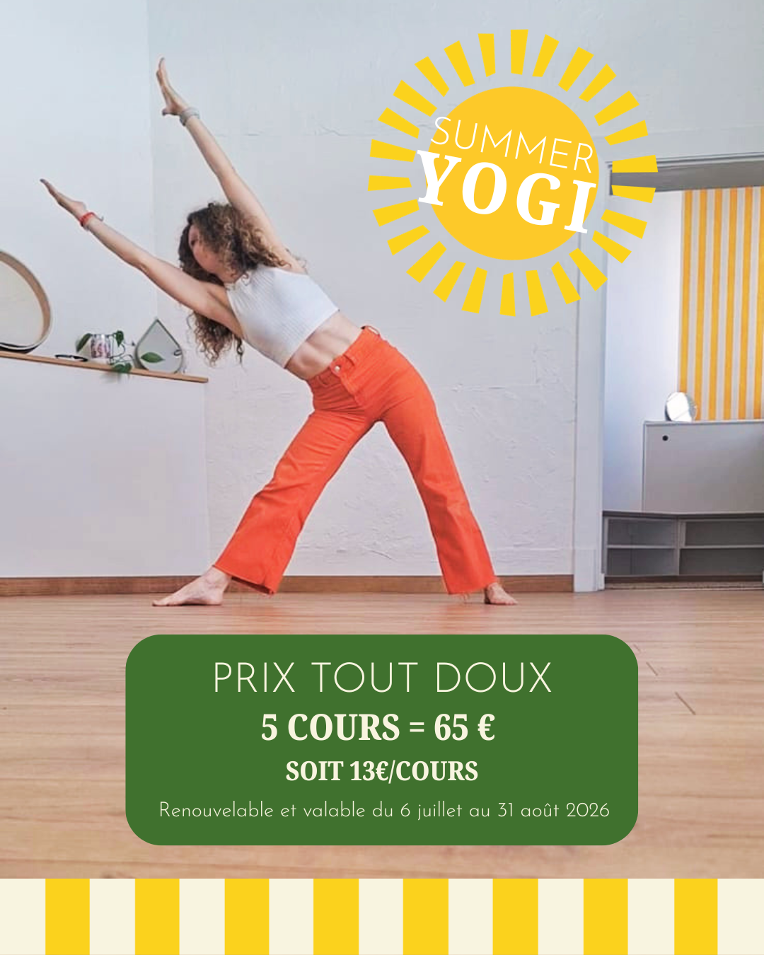 Offre Summer Yogi à La Bienheureuse Toulouse : 5 cours de yoga pour 65€, soit 13€/cours, valable du 6 juillet au 31 août 2026